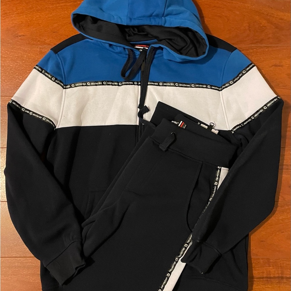 Vintage Akademiks Blue and Black Tracksuit with White Accents